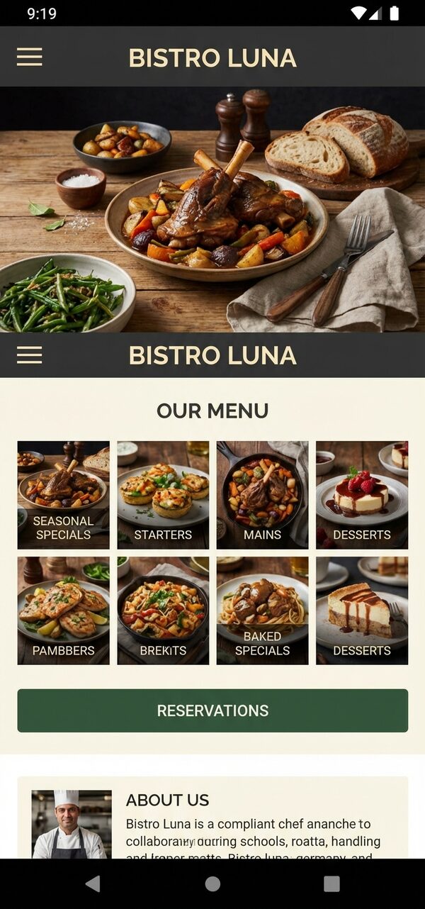AI-generated restaurant website displayed on mobile phone